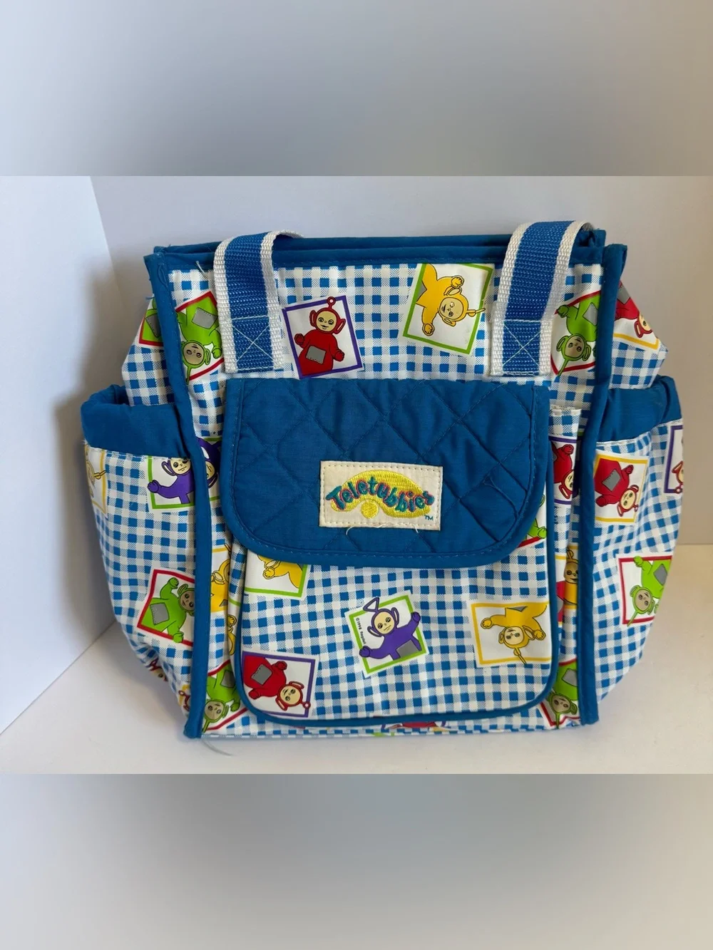 vintage 1990s Ragdoll Teletubbies blue and white gingham diaper bag